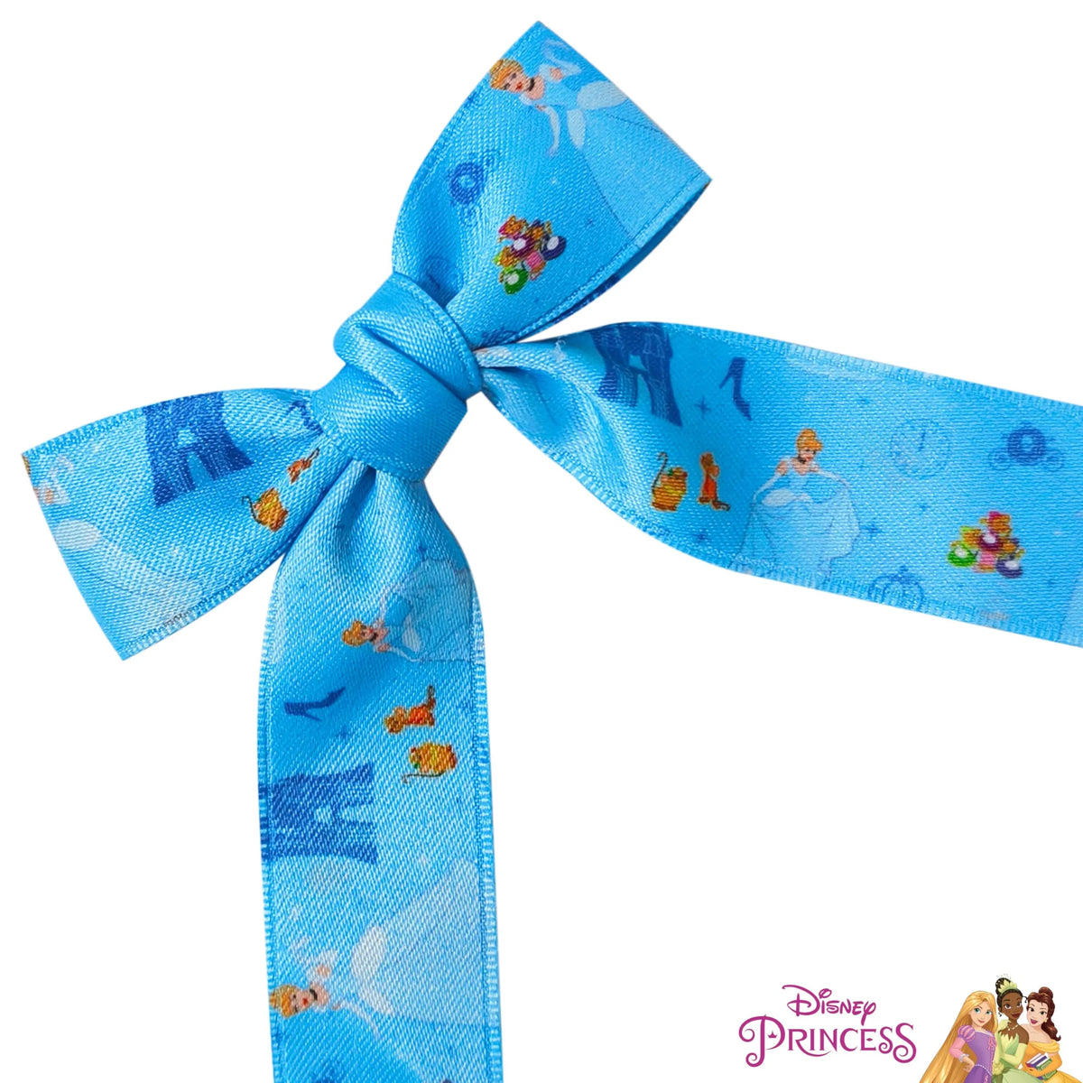 Disney Princess Cinderella hair bow with blue ribbon, cartoon icons, and LuvHer Shop logo