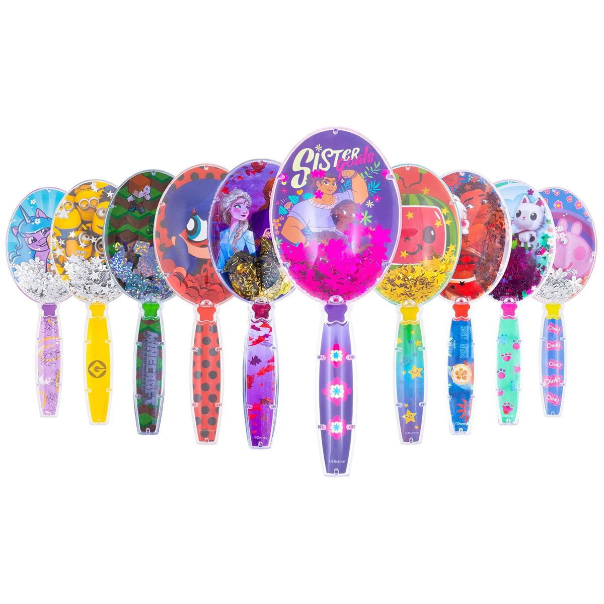 LuvHer Shop Disney Girls Licensed Glitter Hair Brushes lineup featuring Frozen, Bluey, Barbie, and more colorful designs