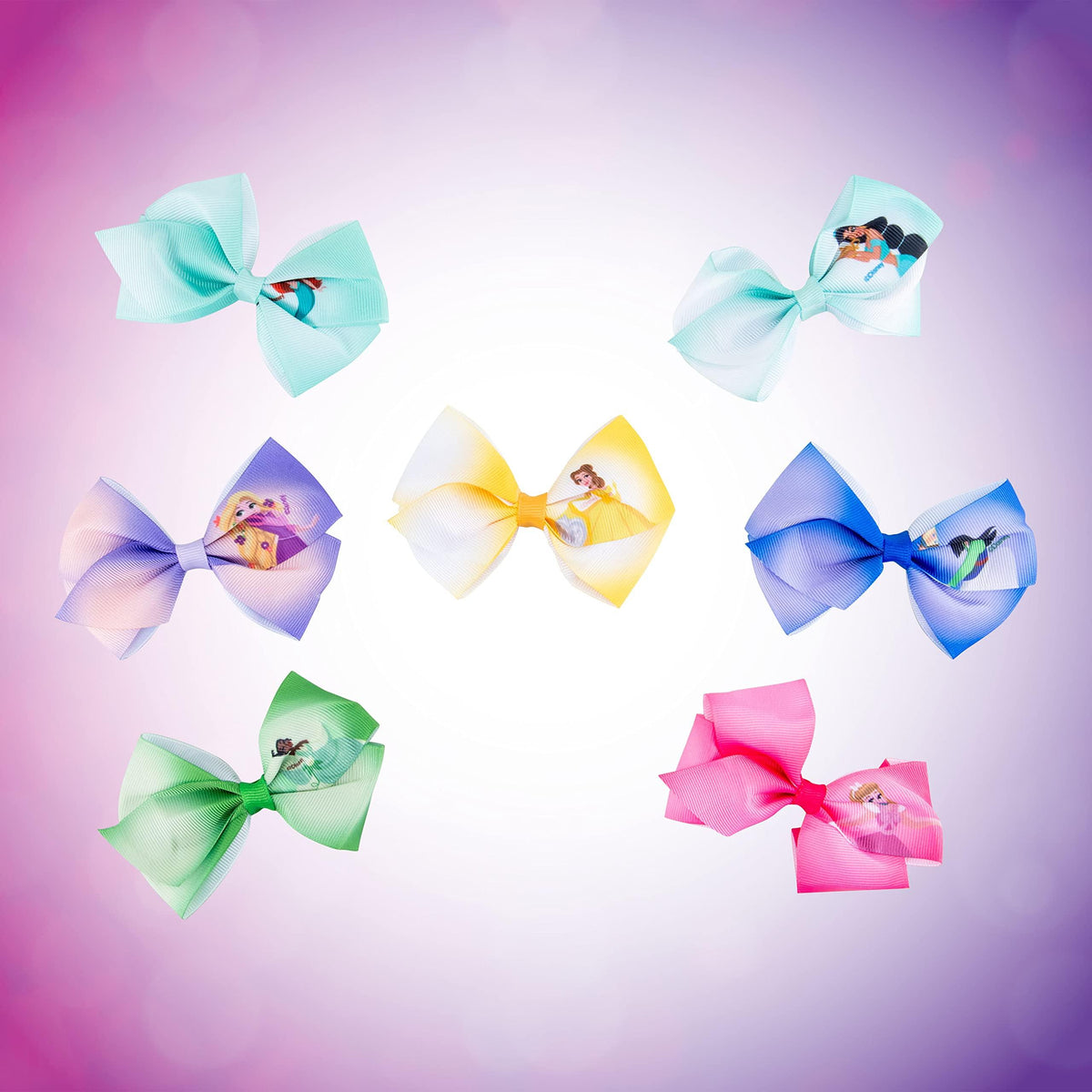 Disney Princess Hair Bows multi-pack showing seven colorful bows with princess graphics on pink and purple gradient background, official LuvHer Shop girls' accessories.
