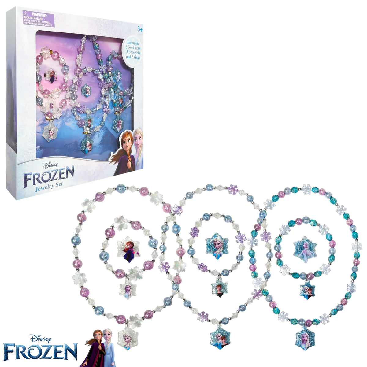 Disney Frozen Jewelry Set with colorful beaded necklaces, bracelets, rings, and Anna and Elsa charms