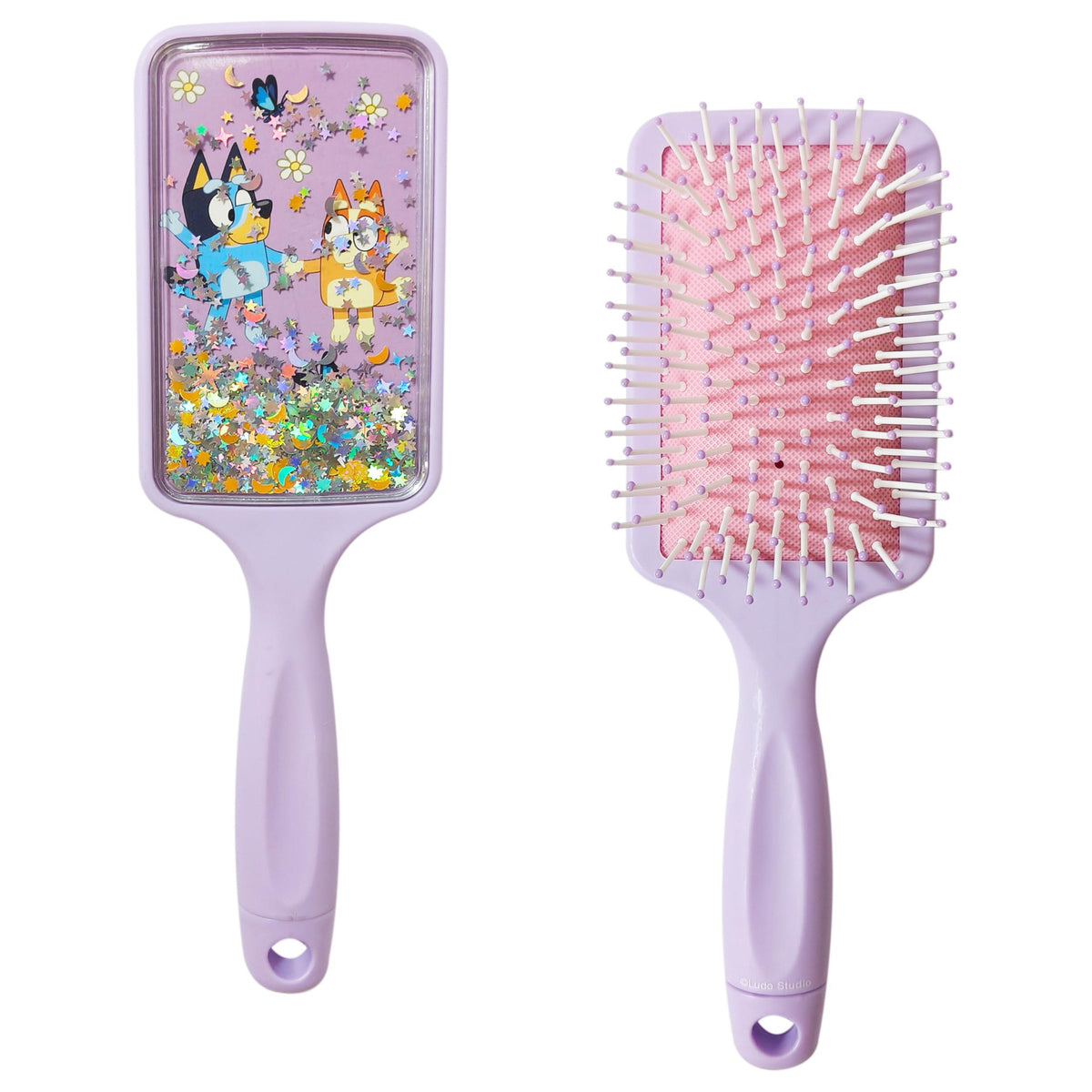 Bluey Glitter Paddle Brush with Bluey and Bingo on lavender handle, LuvHer Shop girls' accessory