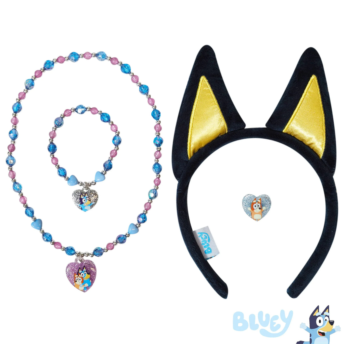 Bluey Girls Jewelry Set with cat ear headband, beaded necklace, bracelet, and heart charms