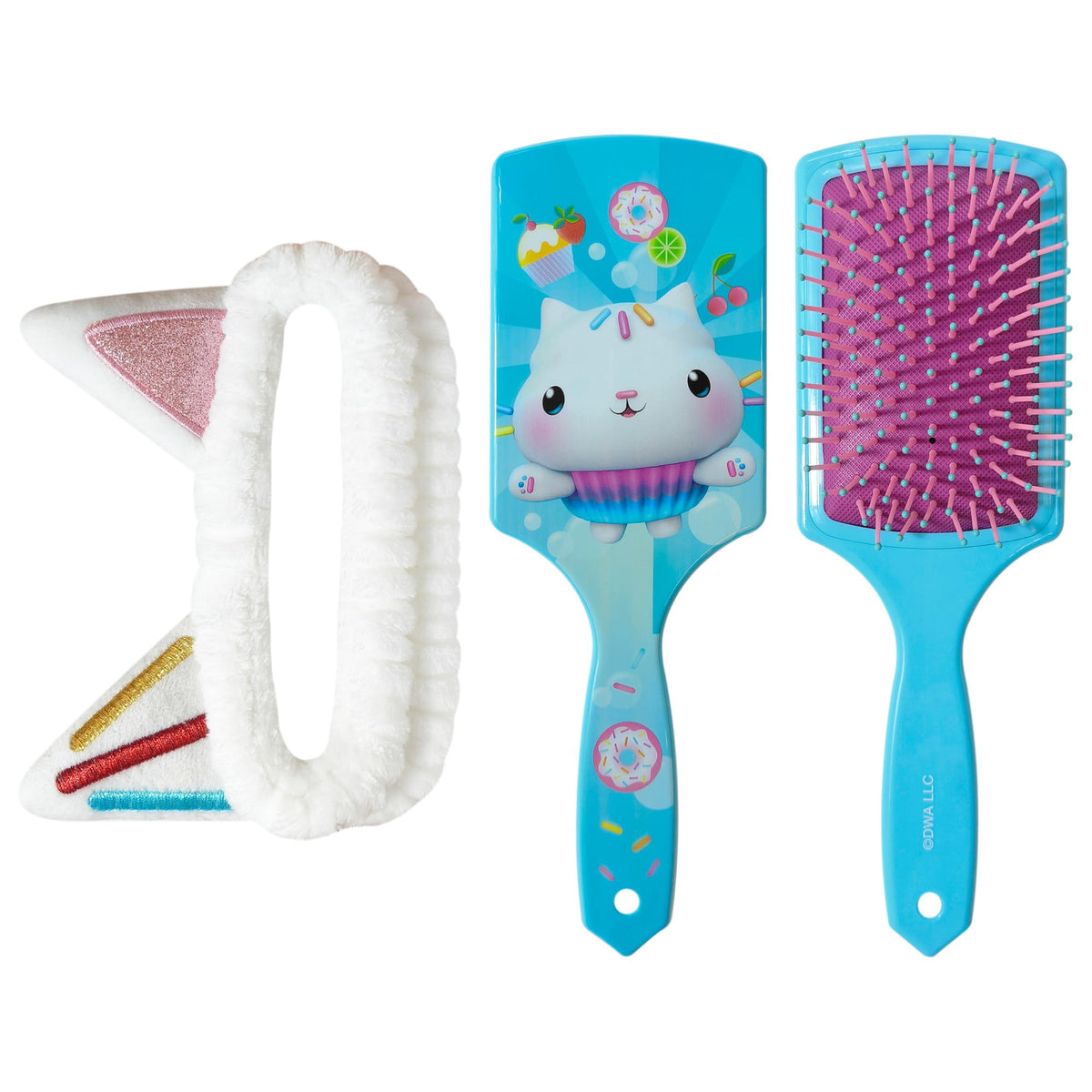 Cupcake Caticorn Brush and Headband set with blue paddle brush, cute cat design, and white unicorn ear headband
