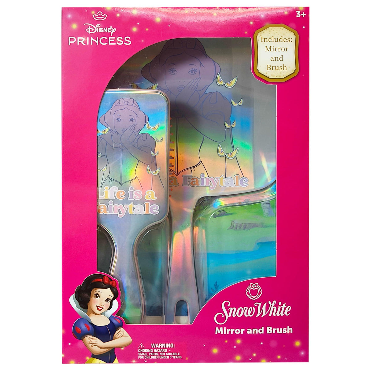 Disney Princess Snow White Mirror and Brush set in holographic packaging, girls' accessory gift