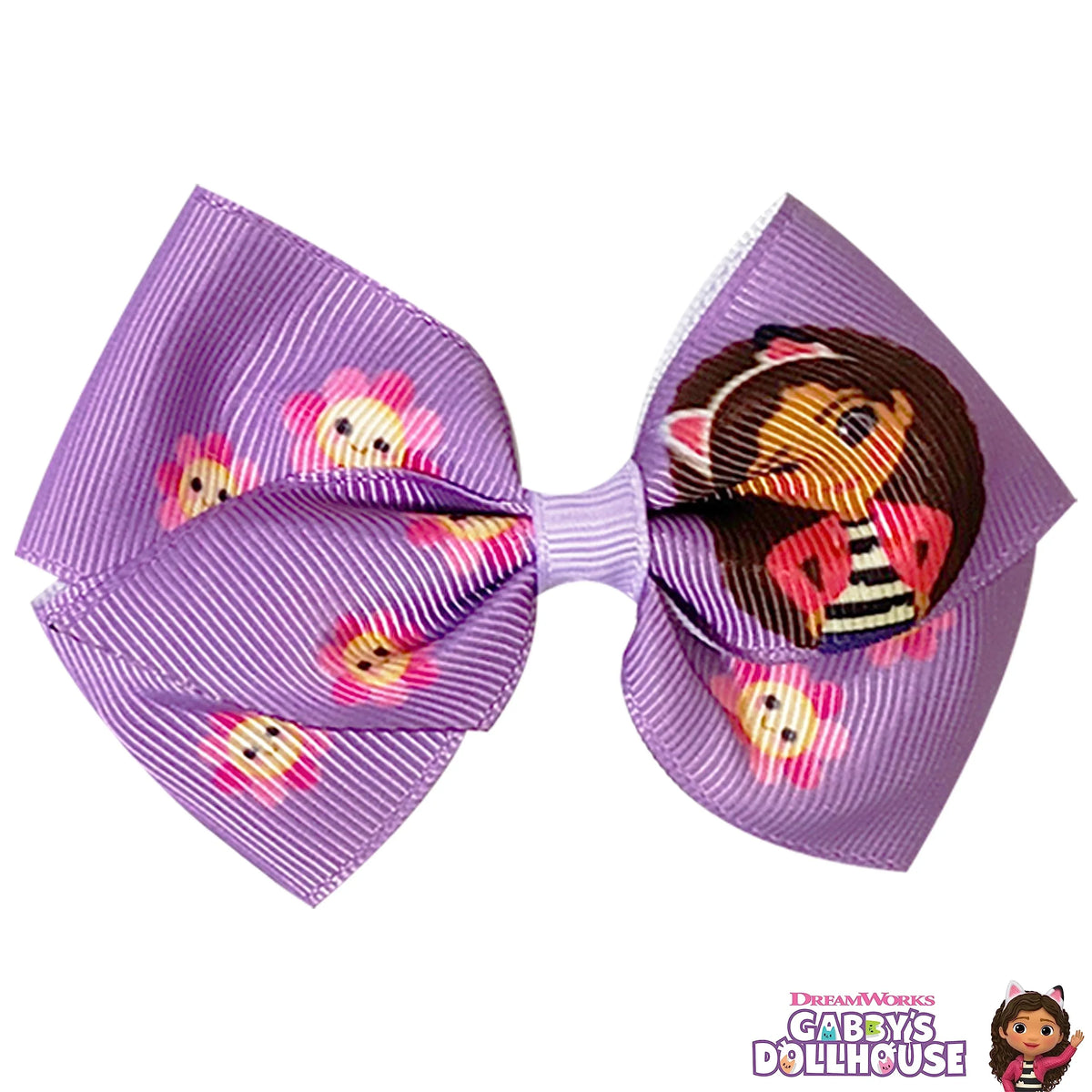Gabby's Dollhouse purple hair bow with Gabby and cat faces, girls' licensed accessory