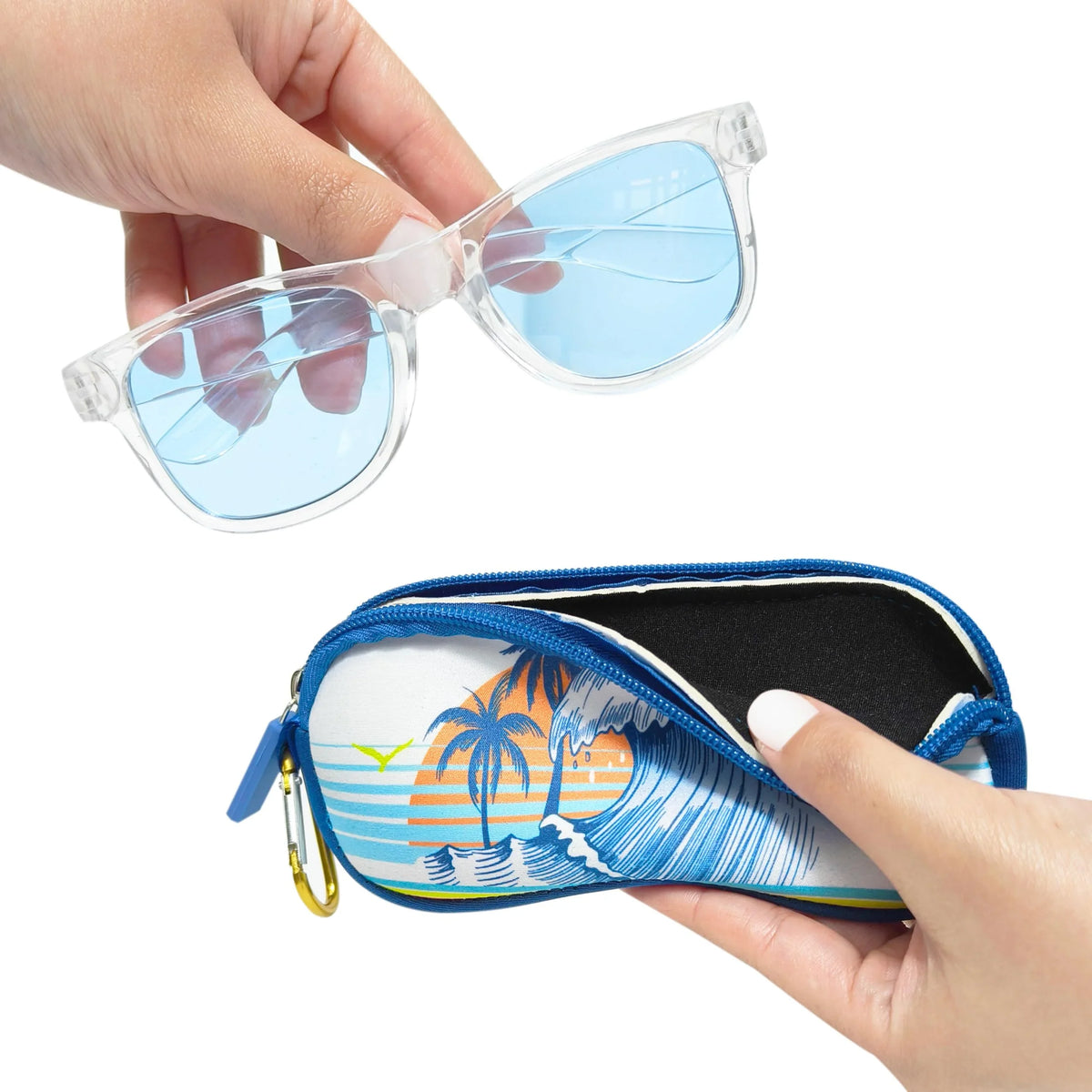 Barbie Sunglasses with palm tree case, kids clear frame, blue lens, beach themed pouch