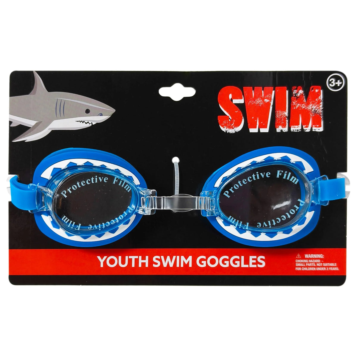 Youth Swim Goggles in blue with shark-themed packaging from LuvHer Shop, kids' swim accessory