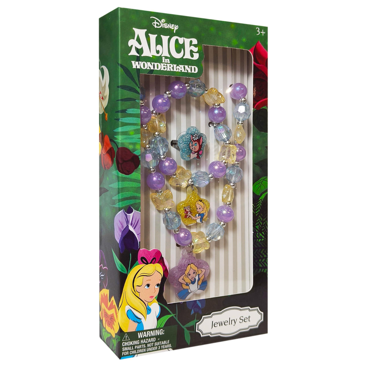 Disney Alice in Wonderland Jewelry Set with colorful beads and character charms in retail box
