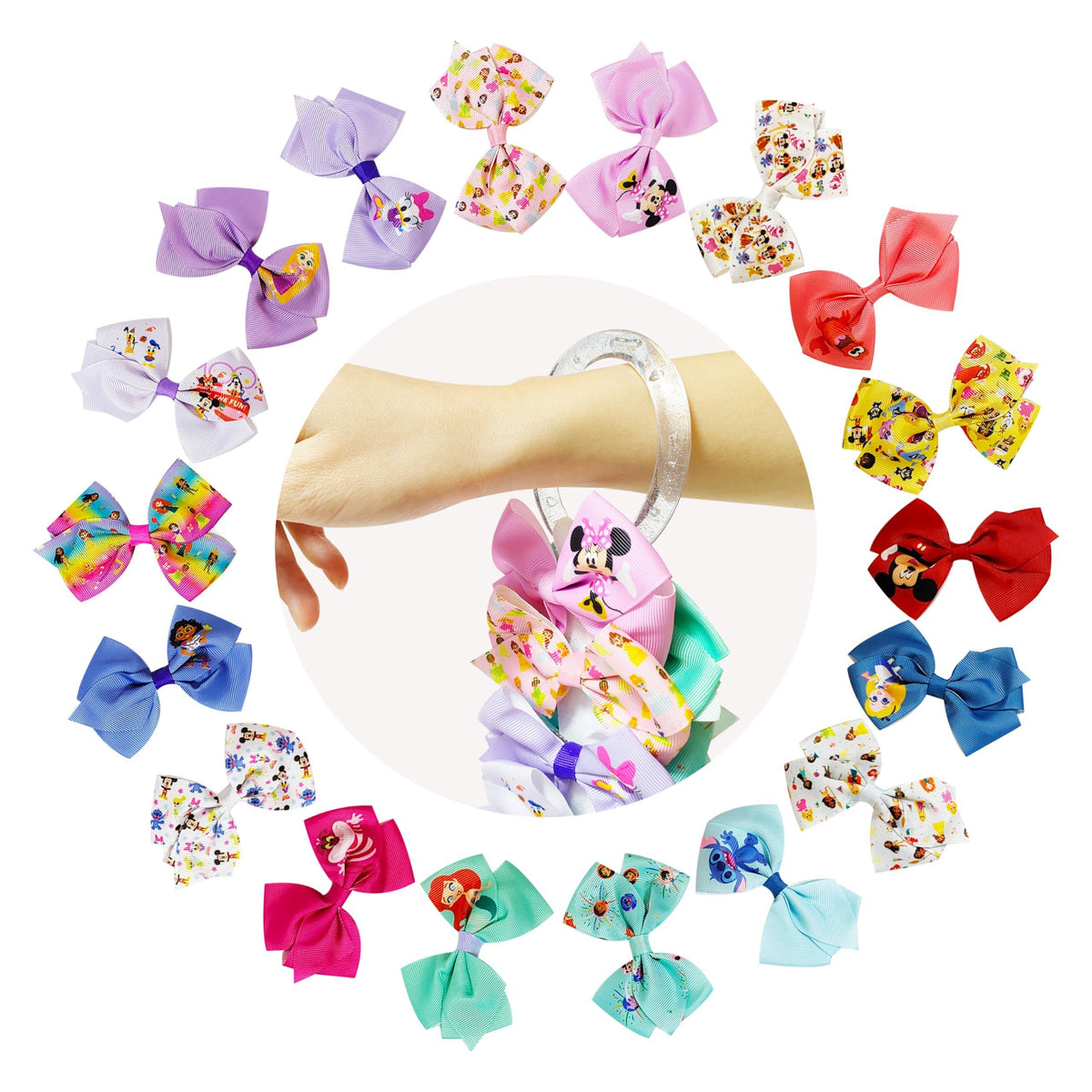 Disney Girls' Hair Bow Gift Set featuring colorful character bows displayed around a wrist from LuvHer Shop.