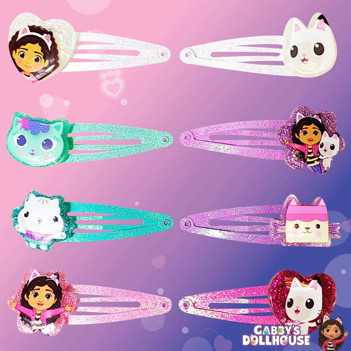 Gabby's Dollhouse glitter hair clips set with character designs on pink background, LuvHer Shop