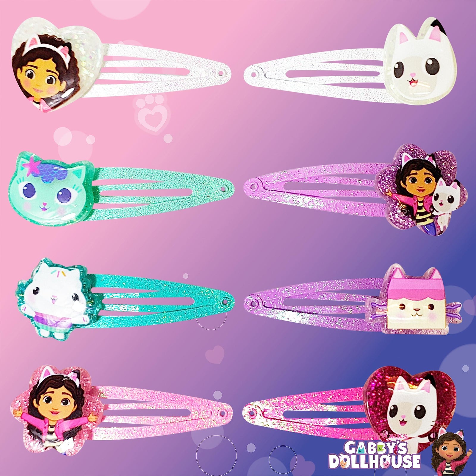 Gabby's Dollhouse 8-piece snap hair clips set featuring colorful character designs in packaging
