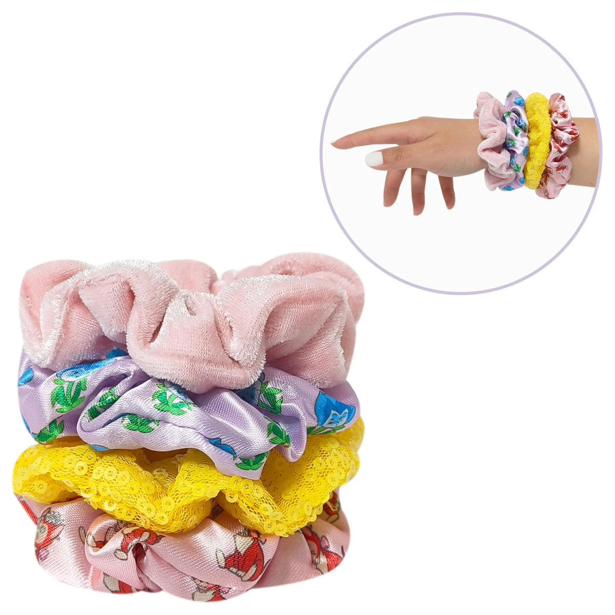 Disney Princess Scrunchies set of five colorful hair accessories displayed and worn on wrist