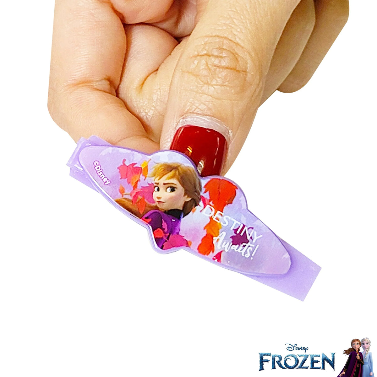 Disney Frozen Anna lilac hair clip from LuvHer Shop held by hand, featuring Destiny Awaits design.