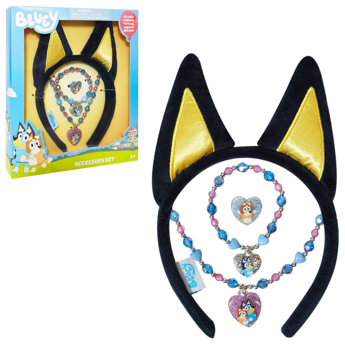 Bluey Accessory Set featuring plush Bluey ears, beaded necklace, bracelet, and ring for girls