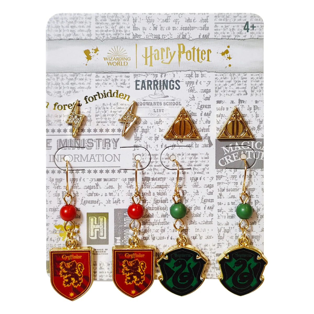 Harry Potter earring set featuring Gryffindor and Slytherin crests, lightning bolts, and Deathly Hallows symbols, officially licensed girls' accessories from LuvHer Shop.