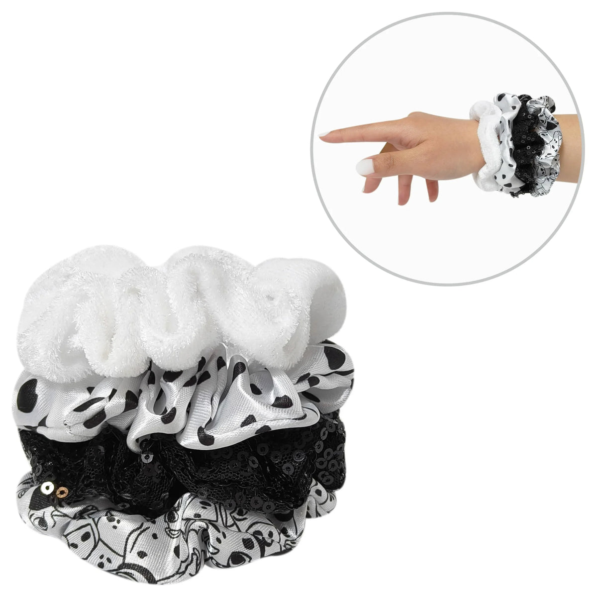 Disney 101 Dalmatians scrunchies set in black and white, shown on wrist, LuvHer Shop girls' hair accessories