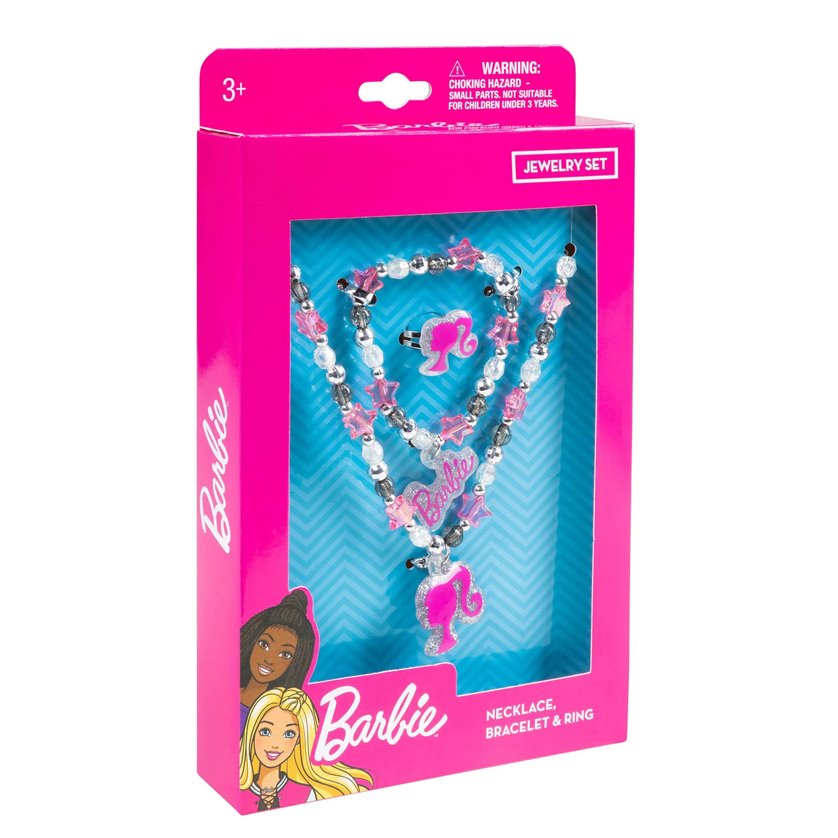 Barbie Girls Jewelry Set - 3 Piece Toy Jewelry Box Set with Bead Necklace, Bracelet, and Ring