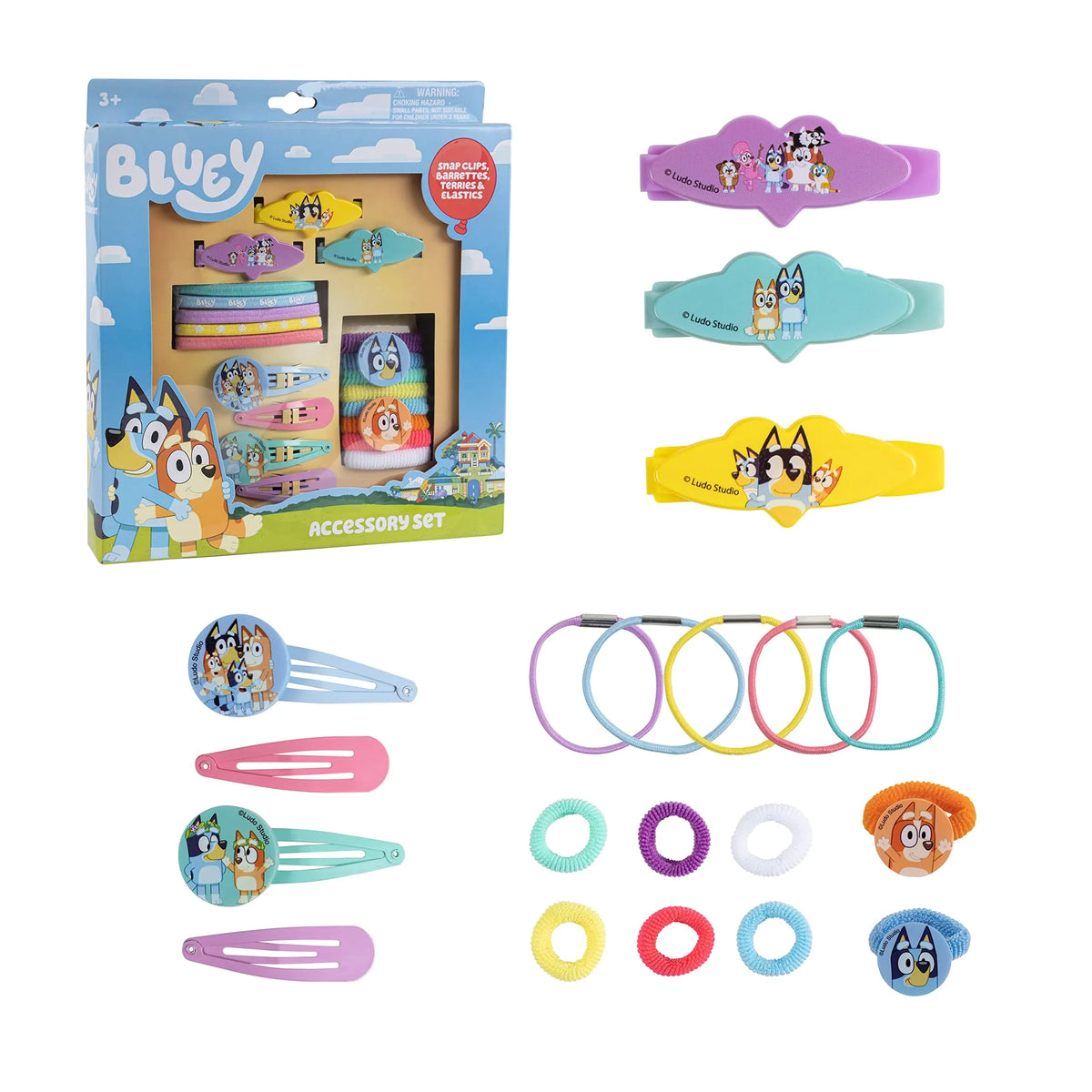 Bluey Accessory Set with colorful hair ties, snap clips, and bracelets featuring Bluey characters