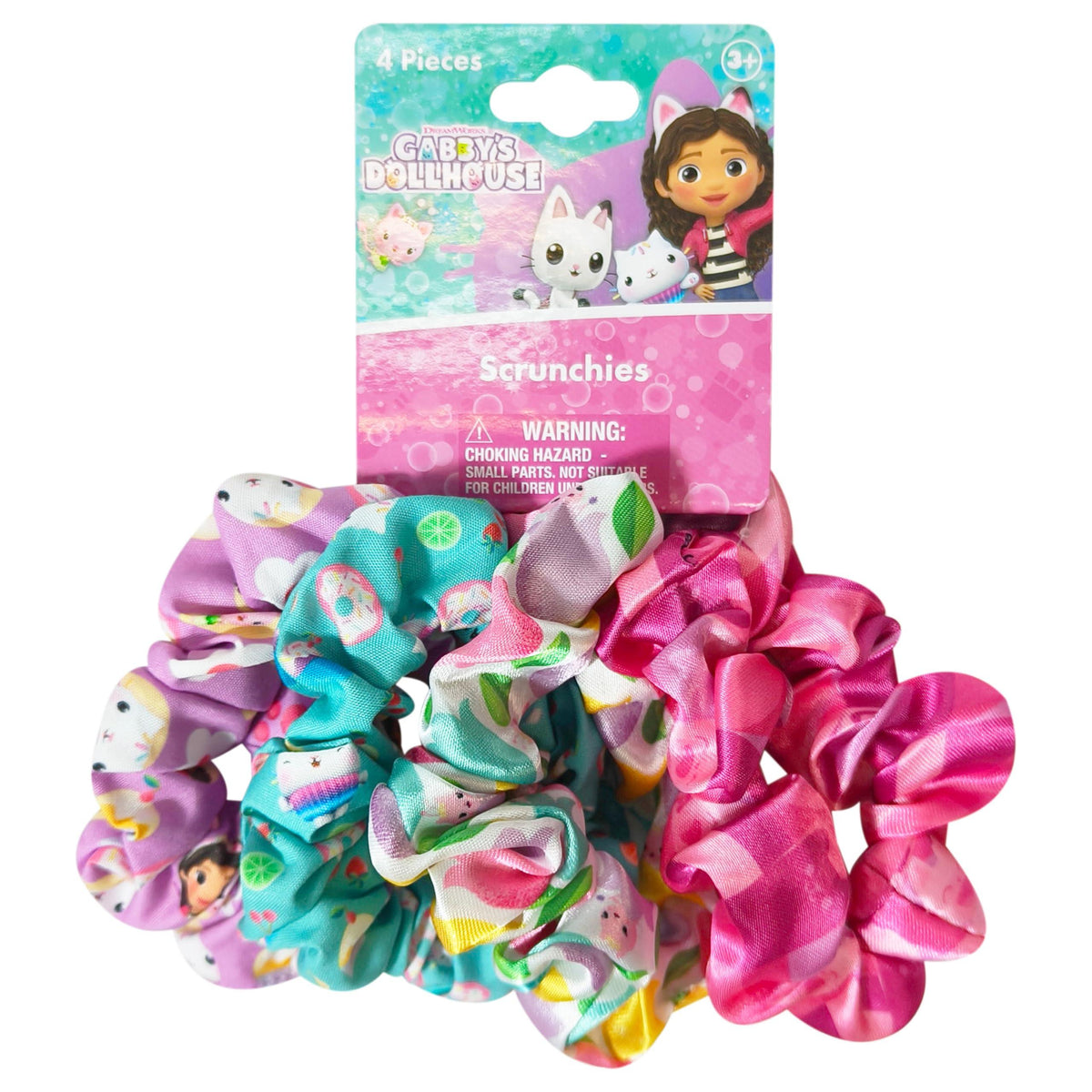 Gabby's Dollhouse scrunchies set for girls, featuring colorful designs, official licensed accessory
