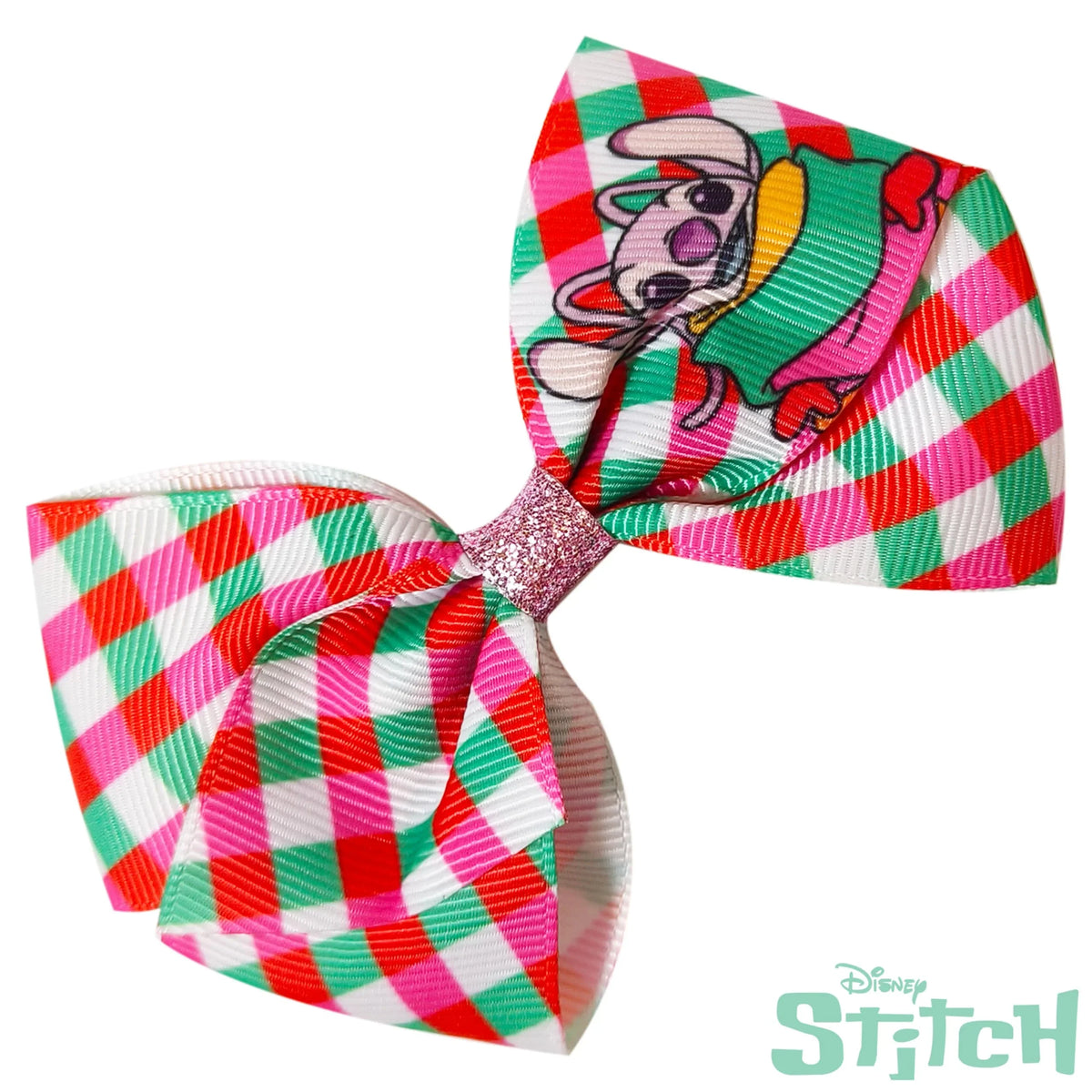 Disney Stitch hair bow with red, pink, and green plaid pattern from LuvHer Shop