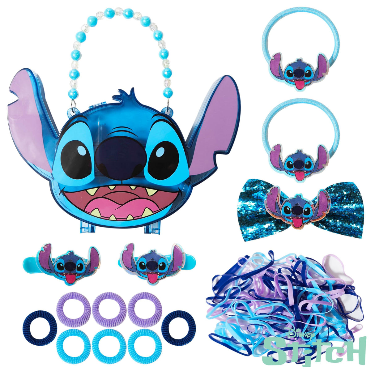 Disney Stitch girls' accessories gift set with hair bow, hair ties, clips, and Stitch purse