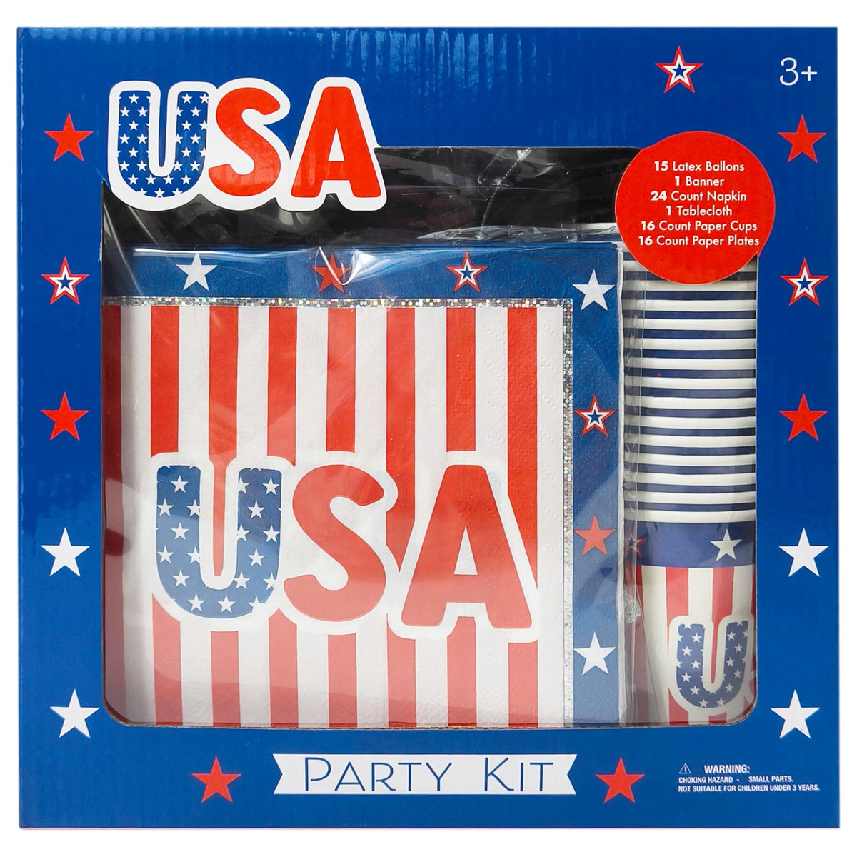 USA Party Kit with patriotic napkins, cups, plates and banners in red, white, and blue stars.