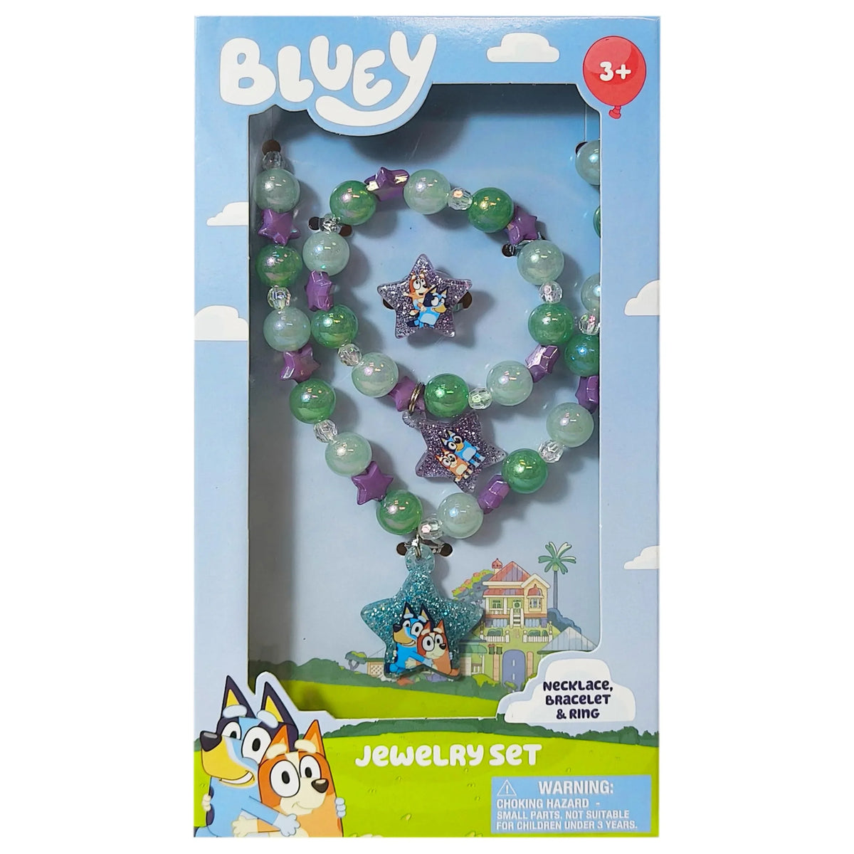 Bluey Jewelry Set for girls with necklace, bracelet, and ring in colorful gift box