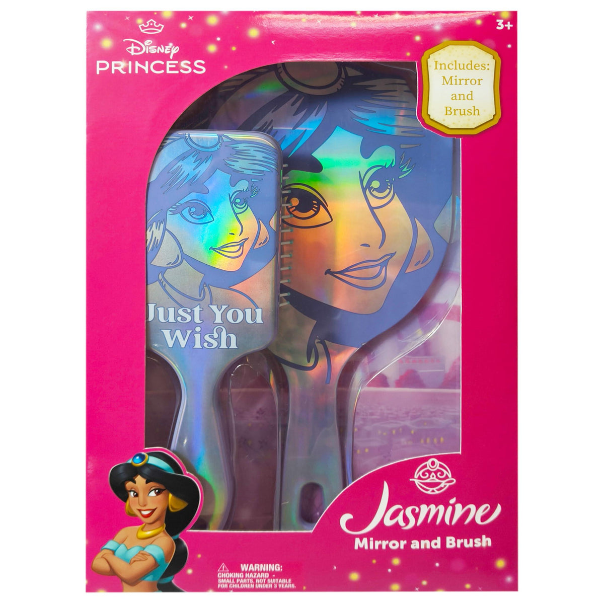 Disney Princess Jasmine Mirror and Brush set for girls, holographic hair accessories in pink box