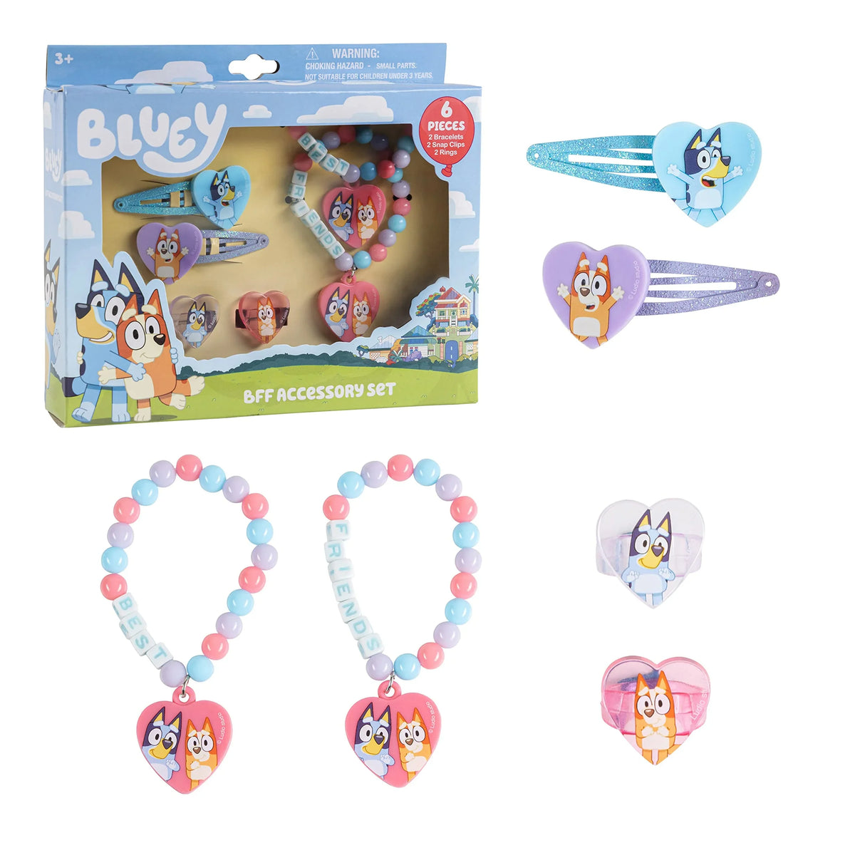 Bluey BFF Accessory Set with bracelets, rings, and hair clips featuring Bluey characters