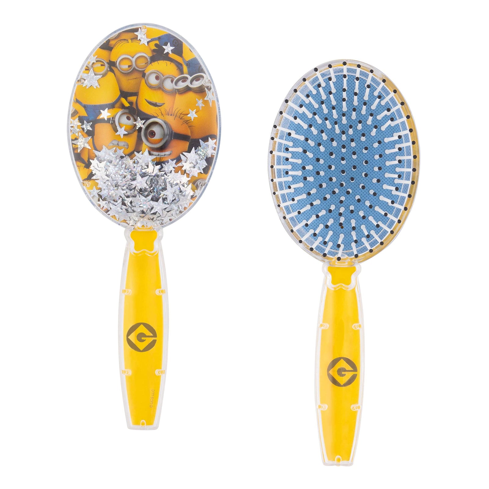 Minions Glitter Hair Brush with yellow handle, star-shaped confetti, and official Minions design