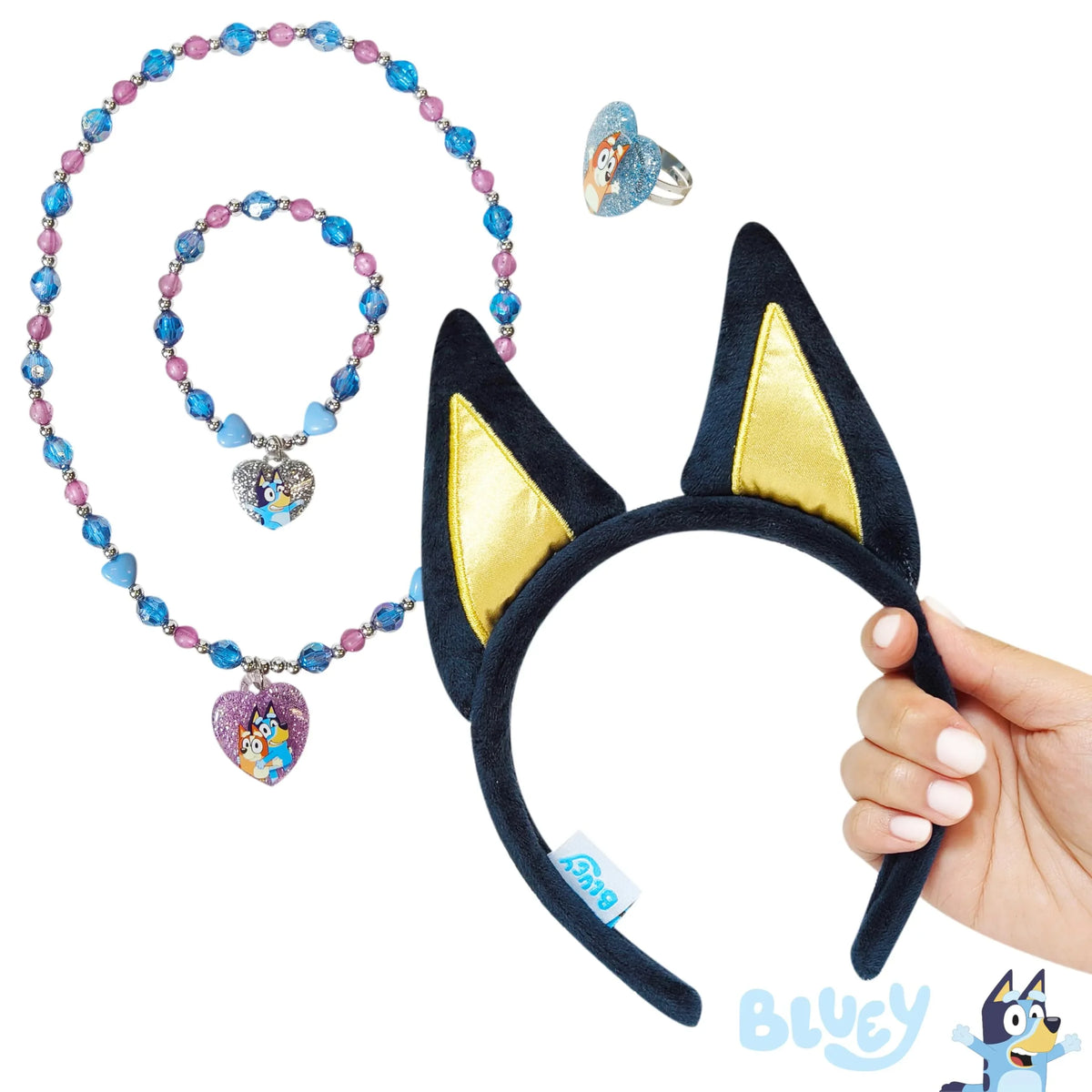 Bluey Jewelry & Ears Bundle set with beaded necklace, bracelet, ring, and plush Bluey ear headband from LuvHer Shop.
