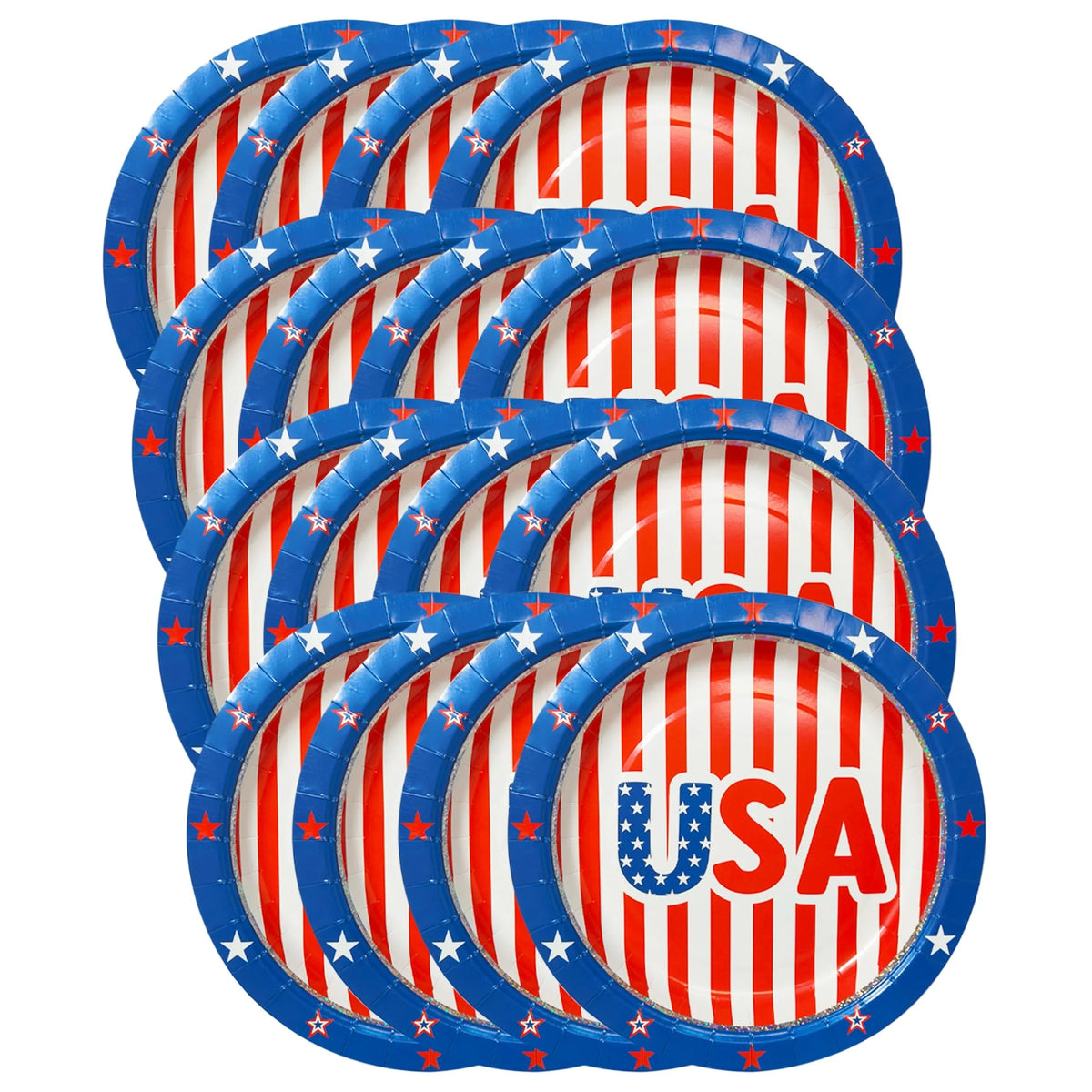 USA patriotic paper plates with red and white stripes, blue stars border, party supplies
