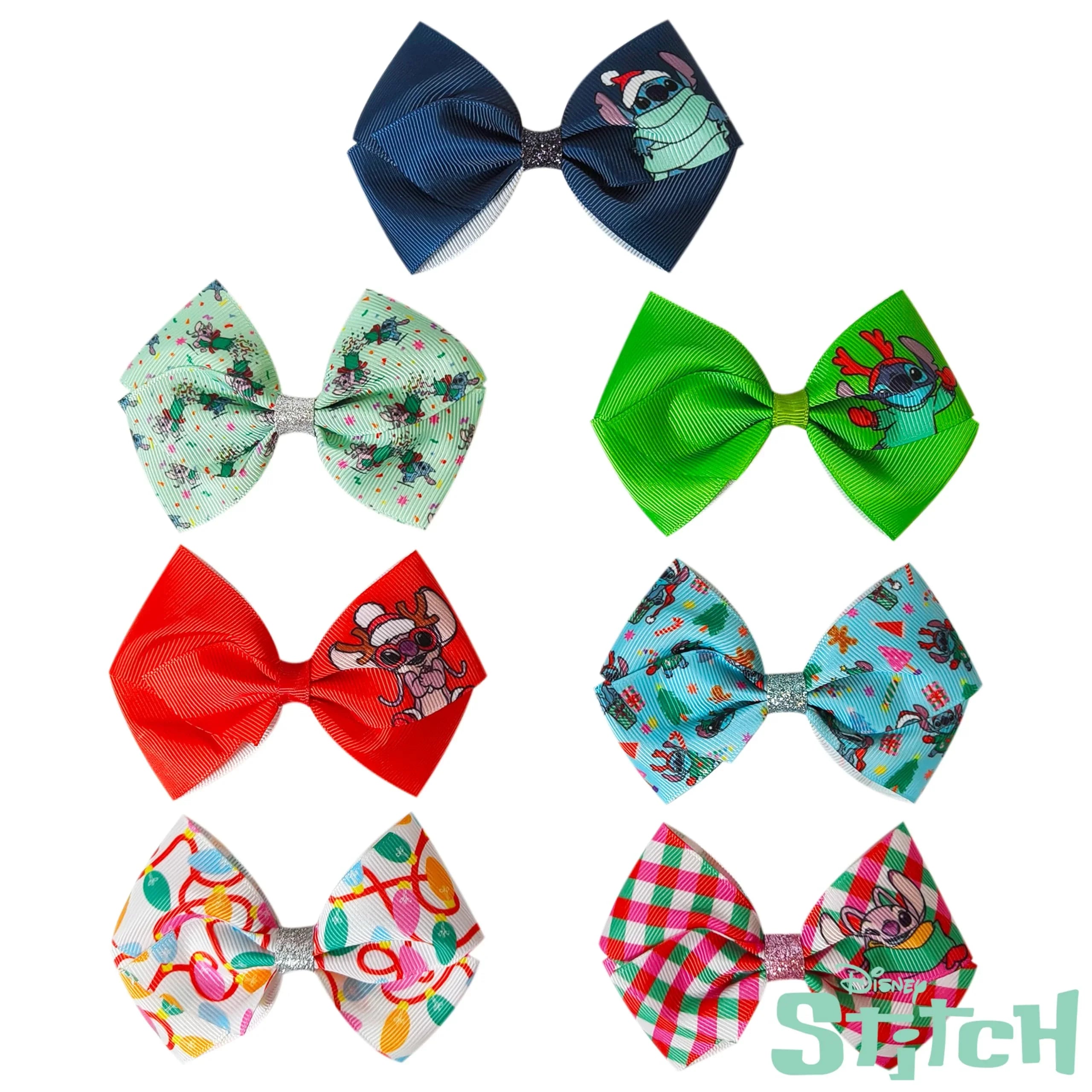 Licensed Girls Hair Bows - Hair Accessories Gift Set - 7 Pcs 4 Inch Bundle - Hair Bows for Girls - Stitch Christmas Hair clip - Alligator Clip - Ages 3 +