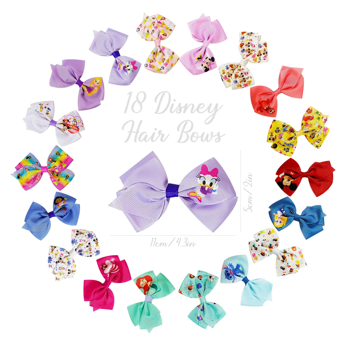 18 Disney Hair Bows set from LuvHer Shop, featuring colorful girls' hair bows with Disney characters arranged in a circle.