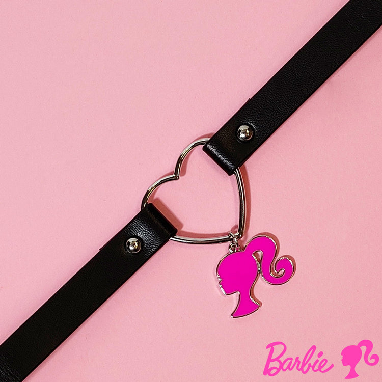 LUV HER Choker Barbie Necklace for Women Barbie Costume Outfit Chokers Necklace for Girls - Adjustable Heart Choker Black Leather-like Collar Necklace for Women With Pink Steel Barbie Charm Ages 3+ - LuvHer Shop