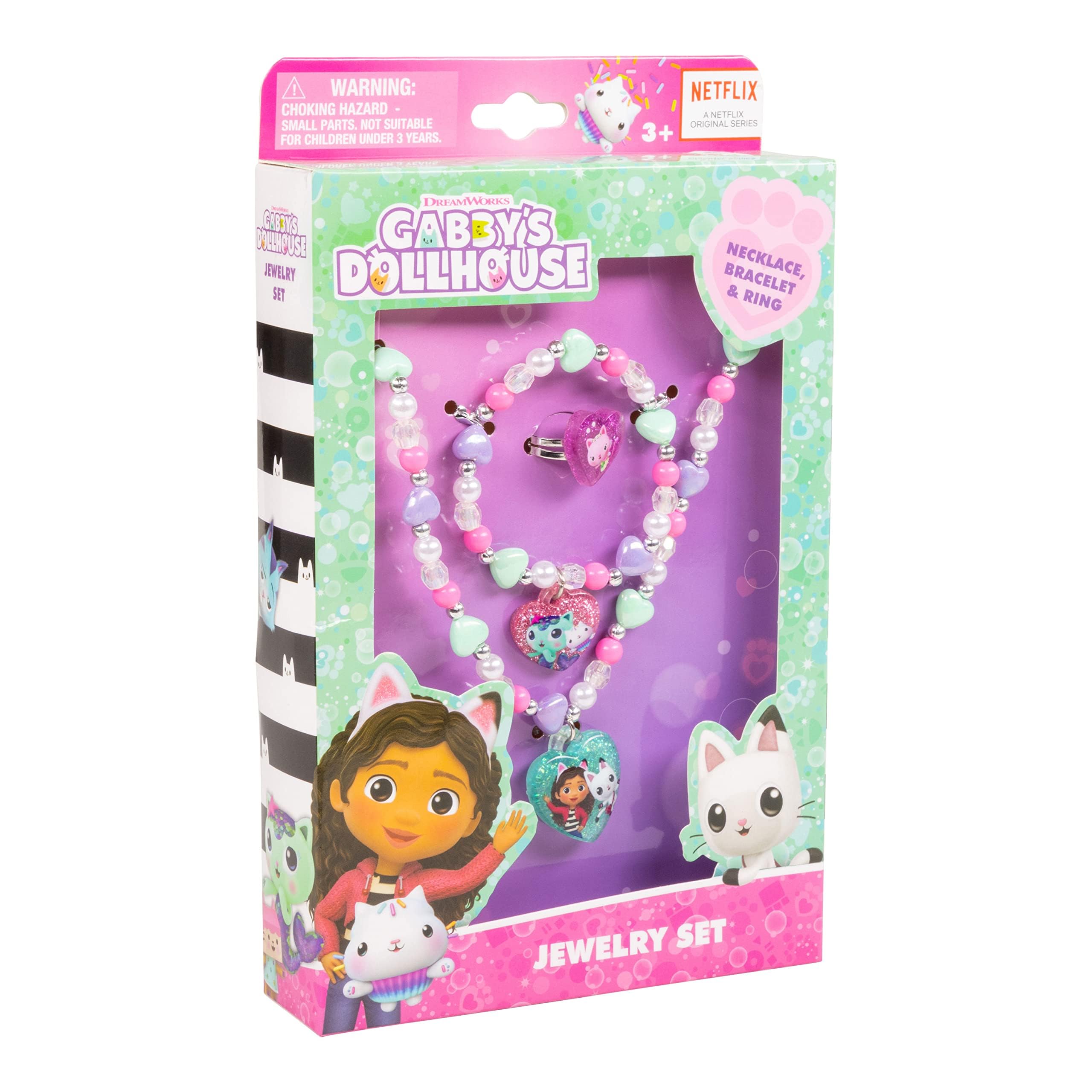 Girls Jewelry Set - Dress Up 3 Piece Toy Jewelry Box Set with Bead Necklace, Bracelet, and Ring - Gabby's Dollhouse Play Accessories - Ages 3+