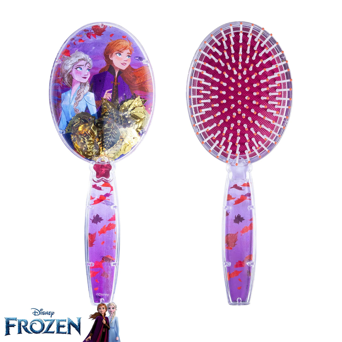Disney Frozen hair brush featuring Anna and Elsa with gold glitter, official licensed girls' accessory