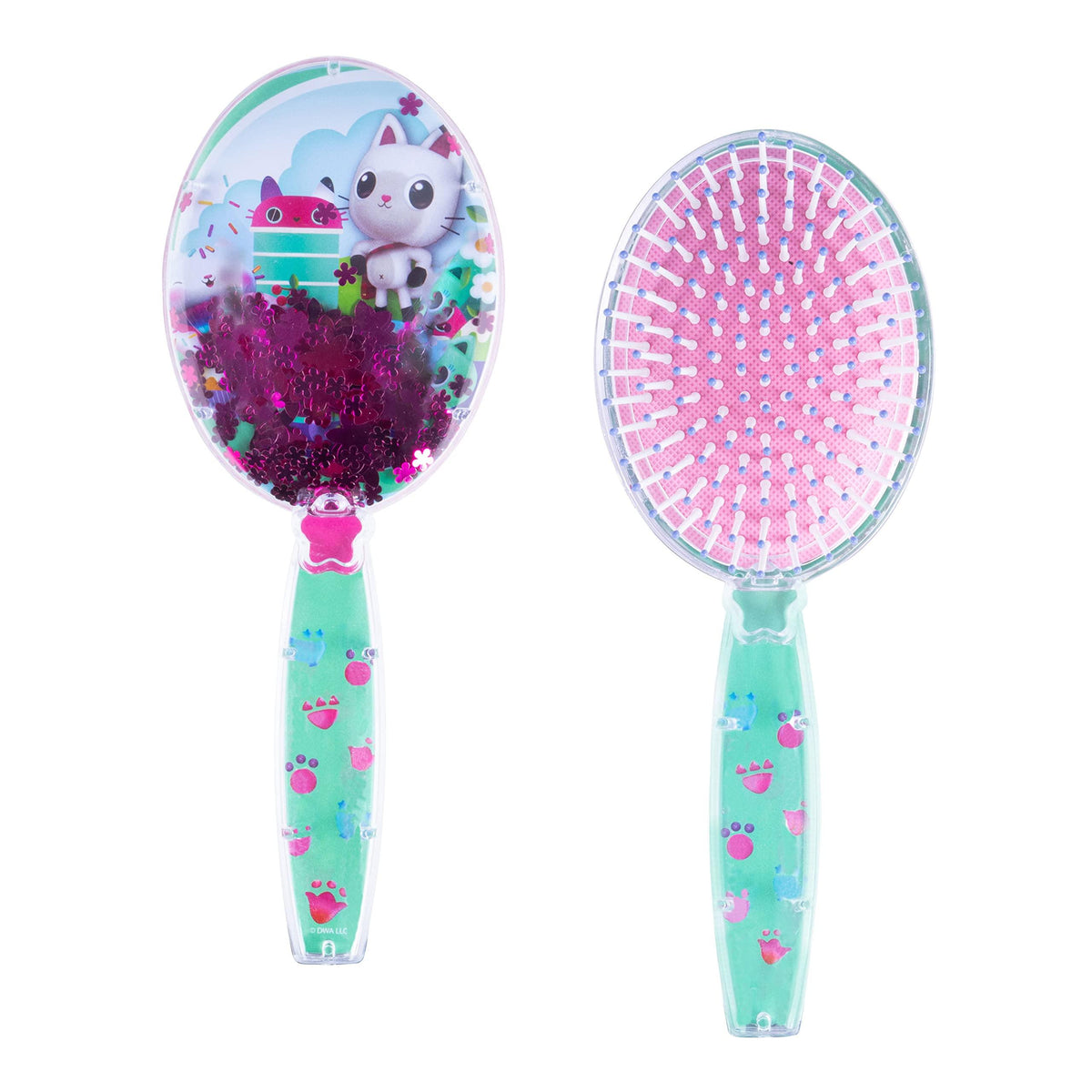 Gabby's Dollhouse kids' hair brush with colorful cat character and flower confetti design