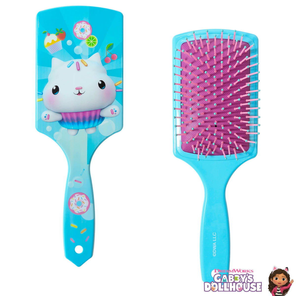 Gabby's Dollhouse paddle hair brush with blue handle, cute cat cupcake design, and pink bristles