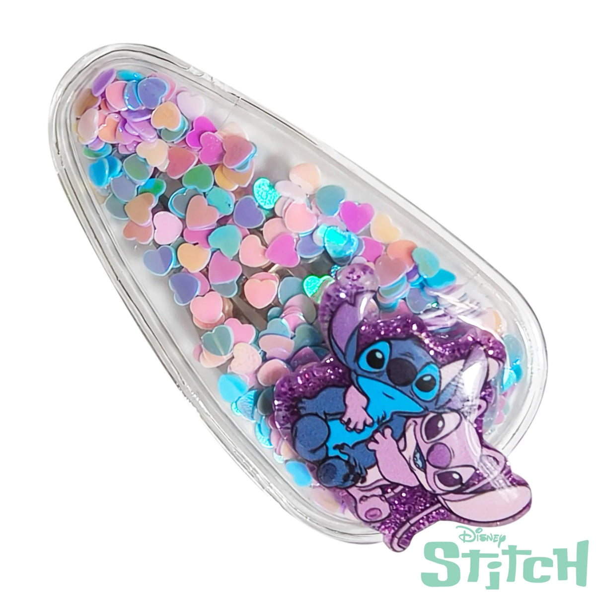 Disney Stitch hair clip with pastel heart confetti and Stitch character design, girls' accessory