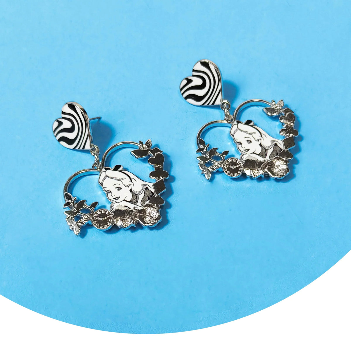 Alice in Wonderland heart earrings with black and white swirl hearts, LuvHer Shop jewelry