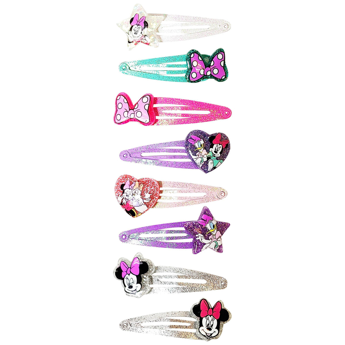 Minnie Mouse Hair Clips Set featuring colorful bows, hearts, and stars, official Disney girls' accessories