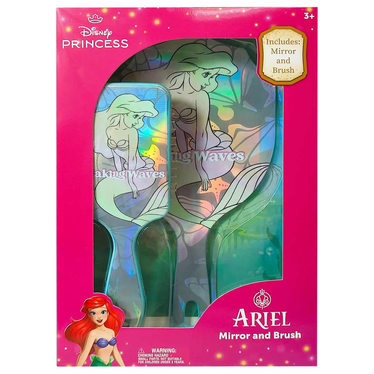 Disney Princess Ariel Mirror and Brush set in pink packaging, featuring Little Mermaid design