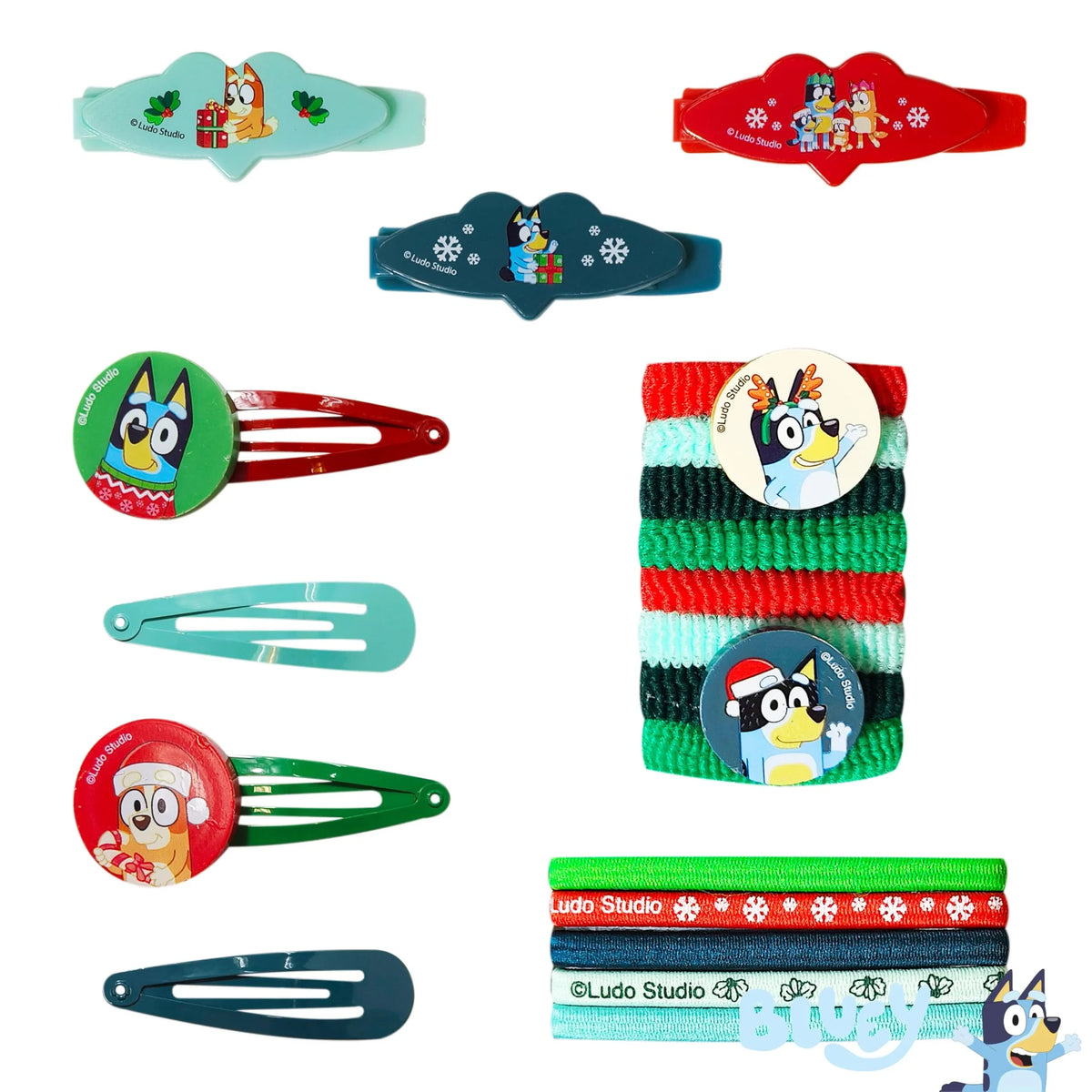 Bluey Christmas hair accessories set with clips and hair ties, LuvHer Shop official girls' gift