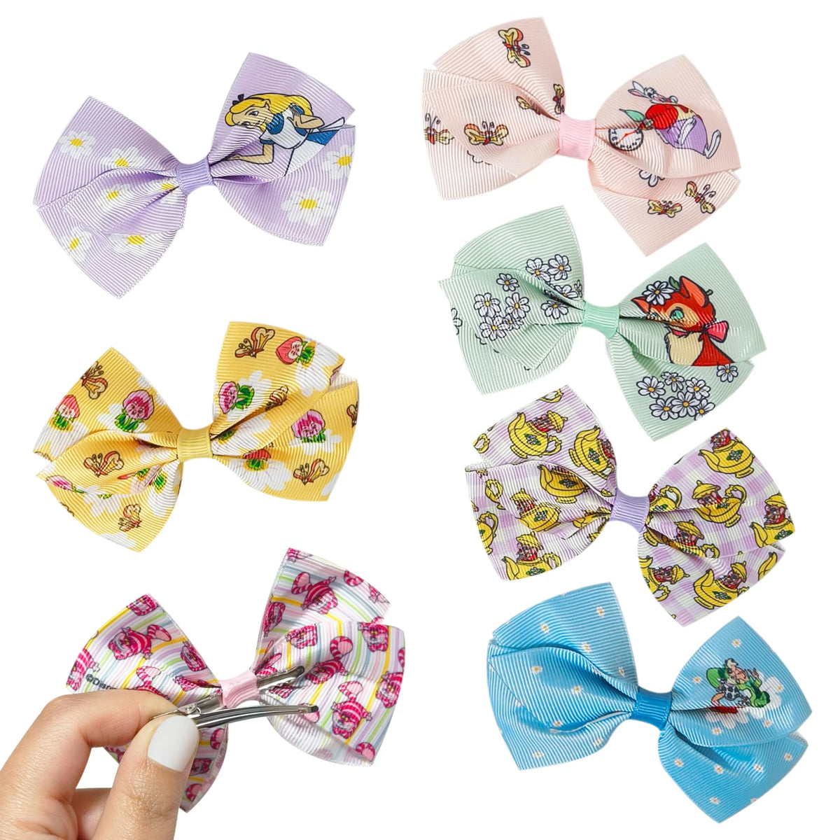 Alice in Wonderland Girls Hair Bow Set featuring colorful character and floral designs from LuvHer Shop