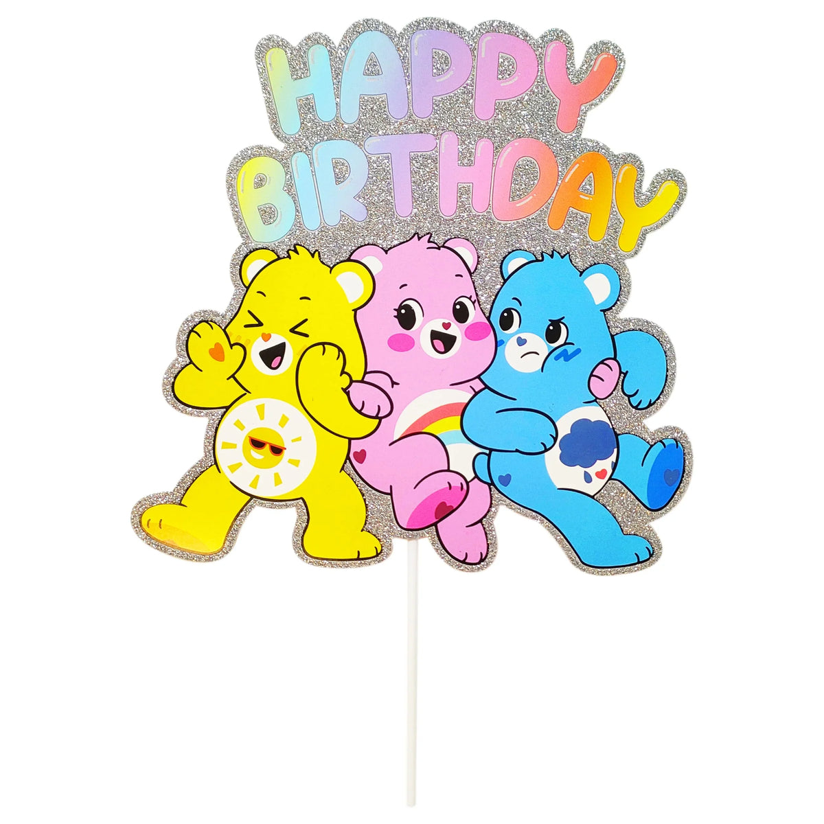 Care Bears Happy Birthday cake topper with yellow, pink, and blue bears on LuvHer Shop