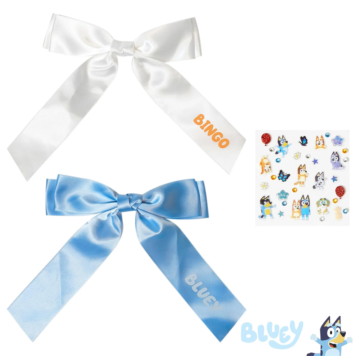 Bluey Hair Bow Set with white Bingo bow, blue Bluey bow, and Bluey character stickers from LuvHer Shop