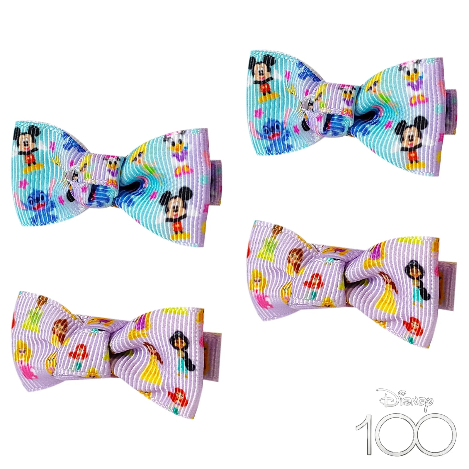 Disney 100 Bows 4-pack featuring colorful girls' hair bows with Disney characters on card backing