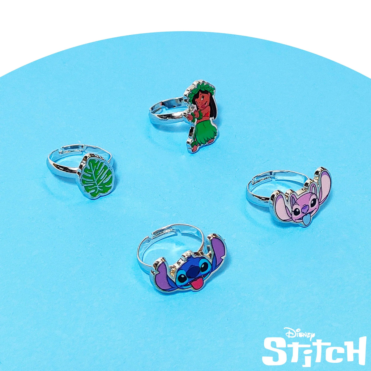Disney Stitch and Lilo Adjustable Rings Set with colorful enamel charms on blue background, LuvHer Shop