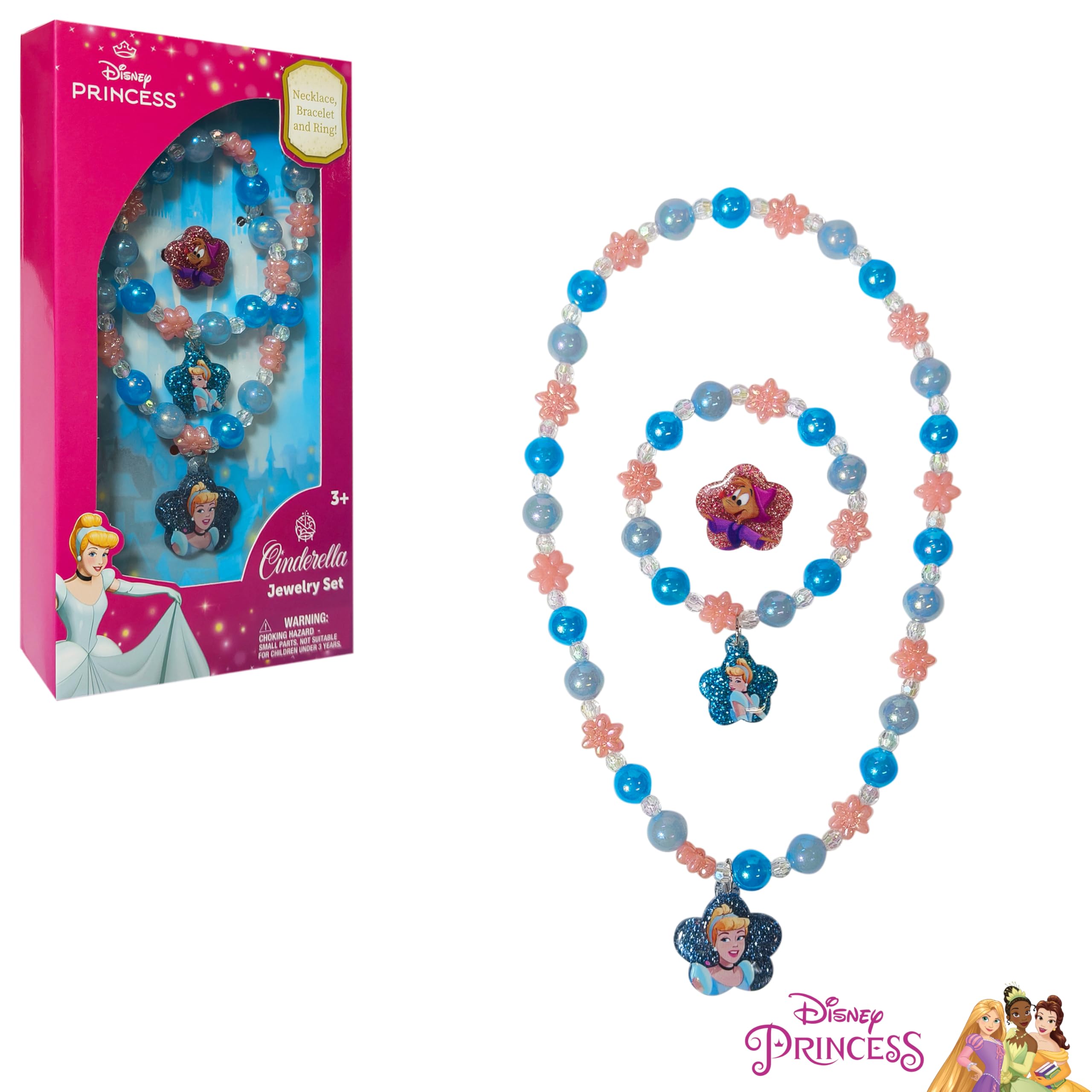 LUV HER Disney Princesses Cinderella Girls Jewelry Set - Dress up 3 Piece Toy Jewelry Box Set with Bead Necklace, Bracelet and Ring - Play Accessories - Ages 3+ - LuvHer Shop